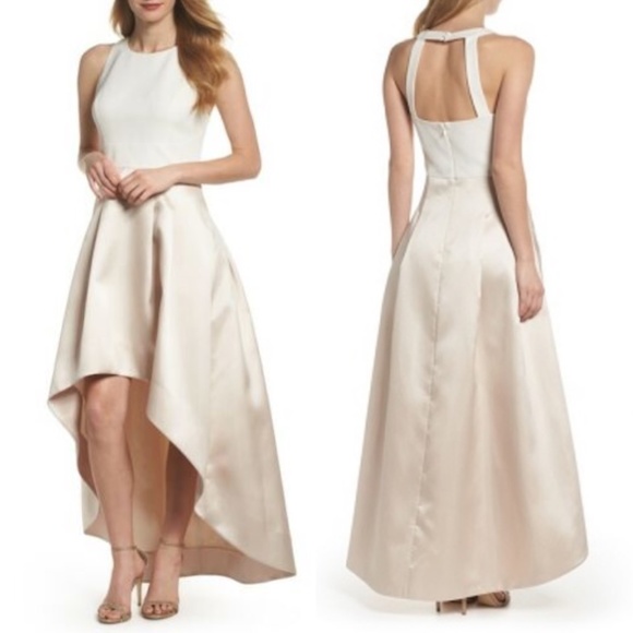 NEW ELIZA J Asymmetrical CHAMPAGNE Two Tone CREPE & MIKADO High Low DRESS GOWN 4 - Picture 2 of 13